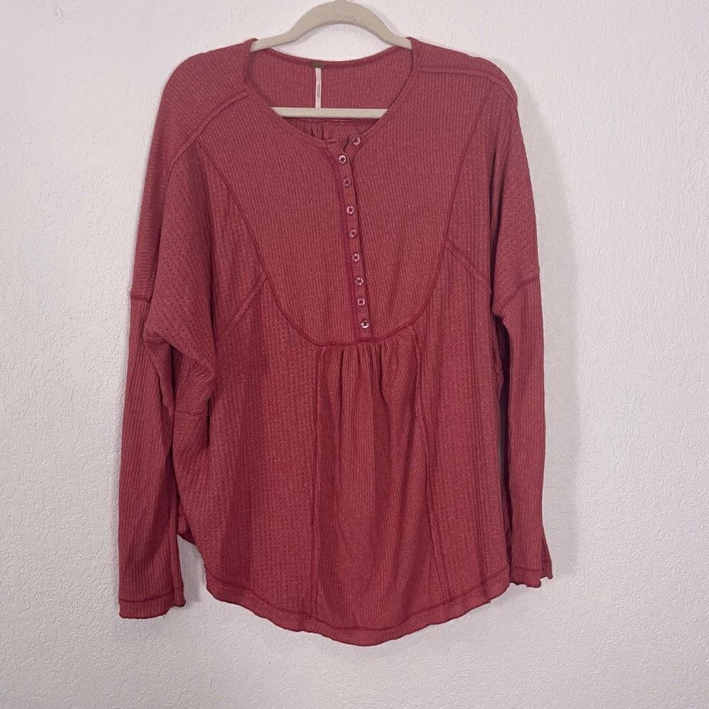 Free People Pink Waffle Knit Henley Long Sleeve Shirt‎ Medium